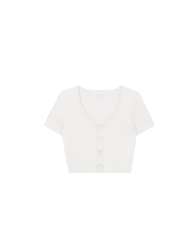 Fitted Knit Crop Top with Ribbon Bow Accent