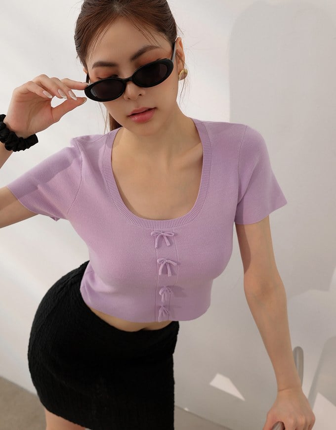 Fitted Knit Crop Top with Ribbon Bow Accent