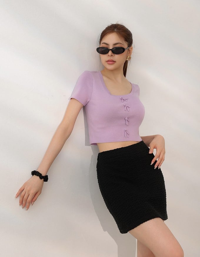Fitted Knit Crop Top with Ribbon Bow Accent