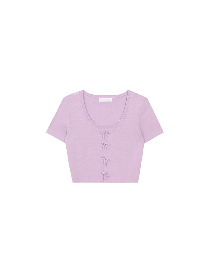 Fitted Knit Crop Top with Ribbon Bow Accent