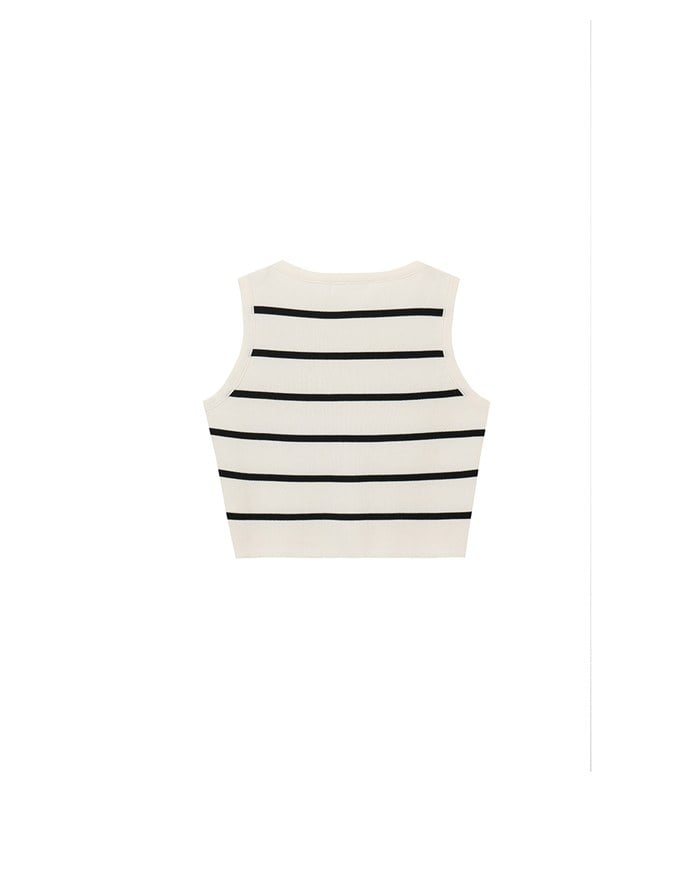 V Neck Striped Knit Button Down Sleeveless Vest Top
