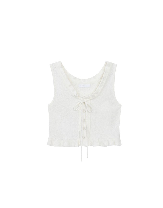 Ruffled Neckline Sleeveless Knit Vest Top with Button Trim