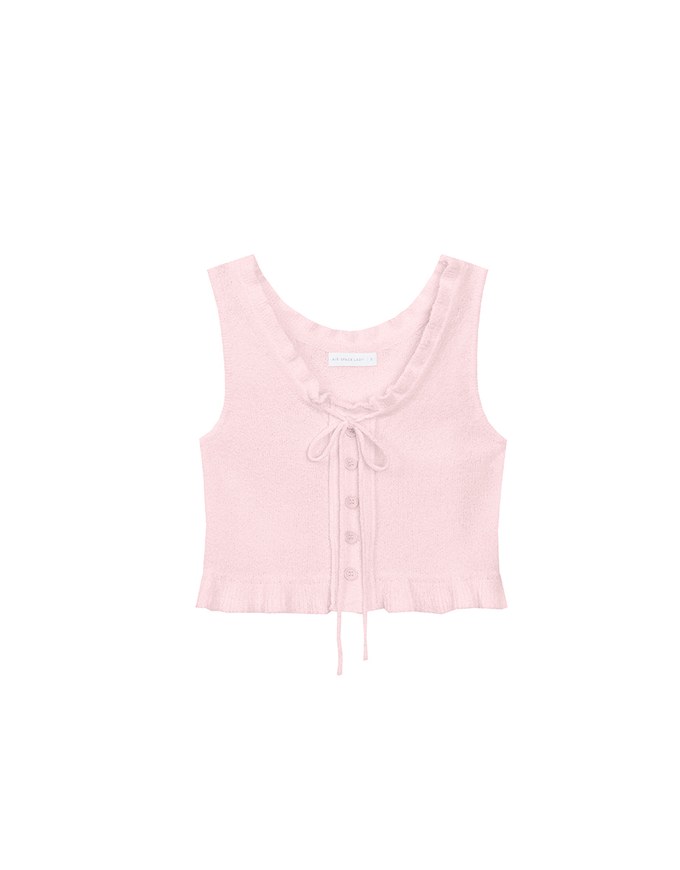 Ruffled Neckline Sleeveless Knit Vest Top with Button Trim