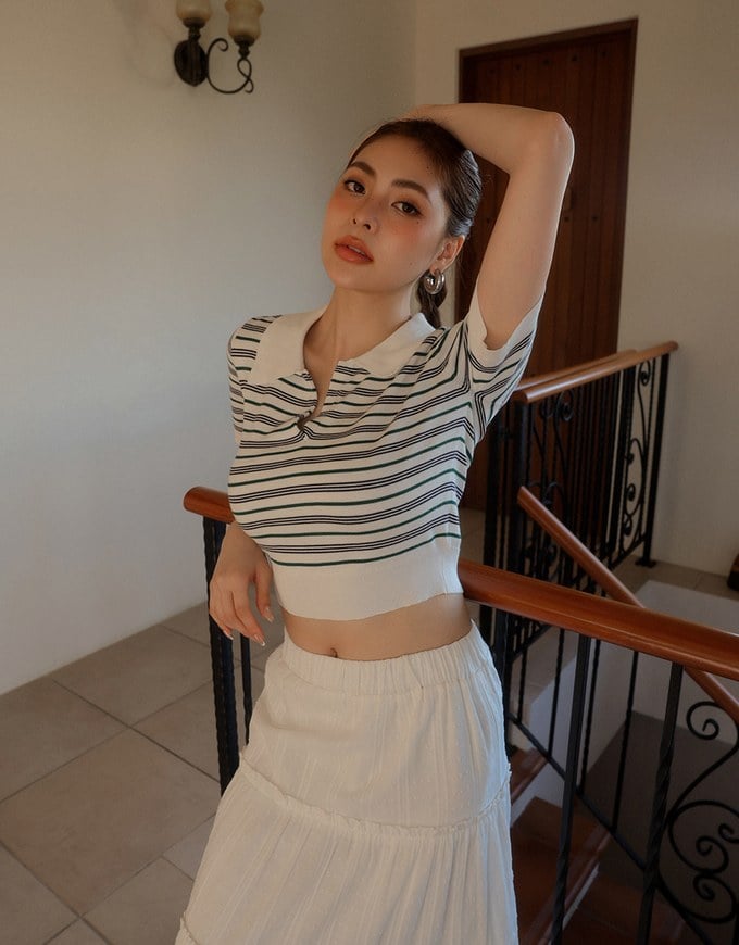 Classic Polo Inspired Stripe Knit Top with Stretch Hem