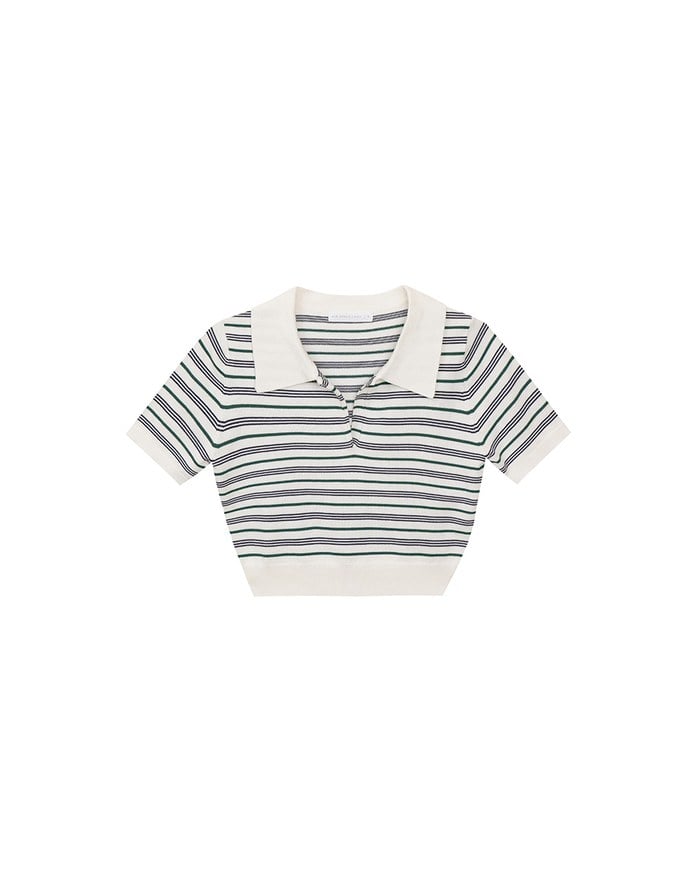 Classic Polo Inspired Stripe Knit Top with Stretch Hem