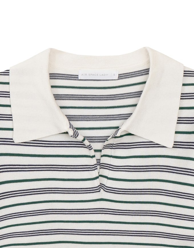 Classic Polo Inspired Stripe Knit Top with Stretch Hem