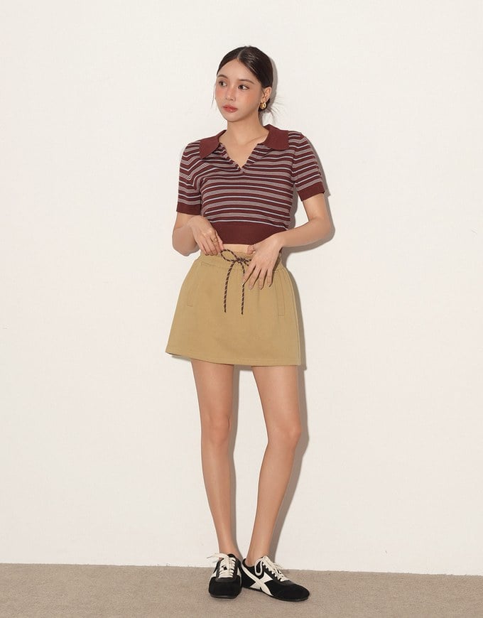 Classic Polo Inspired Stripe Knit Top with Stretch Hem