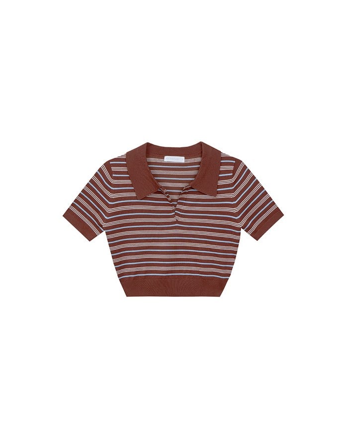 Classic Polo Inspired Stripe Knit Top with Stretch Hem