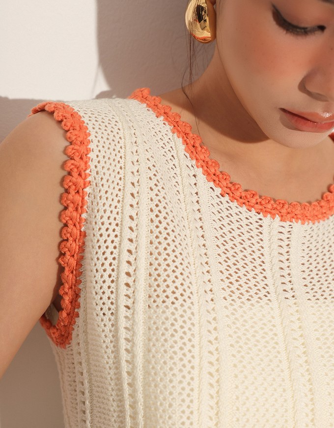 Contrast Crochet Trim Sleeveless Knit Tank Top