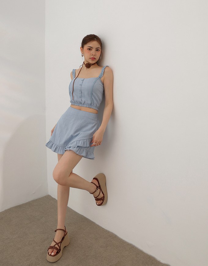 Ruffled Hem Wrap Look Skorts with Pinstripe Texture