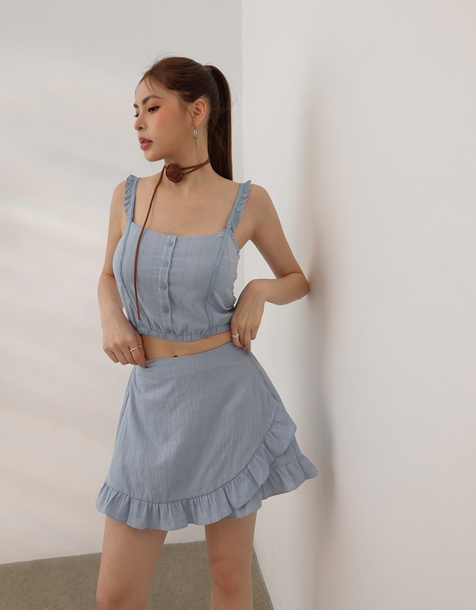 Ruffled Hem Wrap Look Skorts with Pinstripe Texture