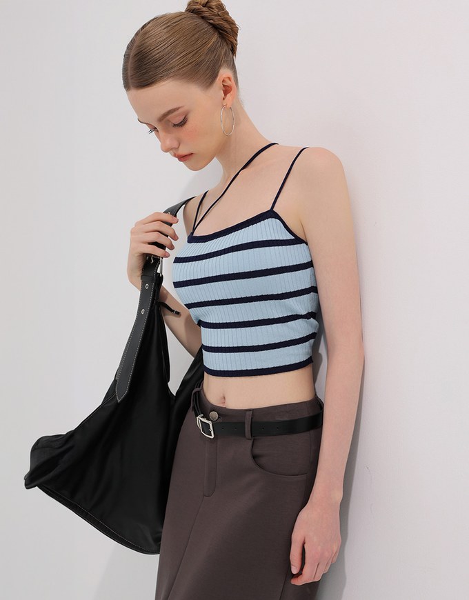 Striped Ribbed Knit Spaghetti Strap Halter Padded Crop Top