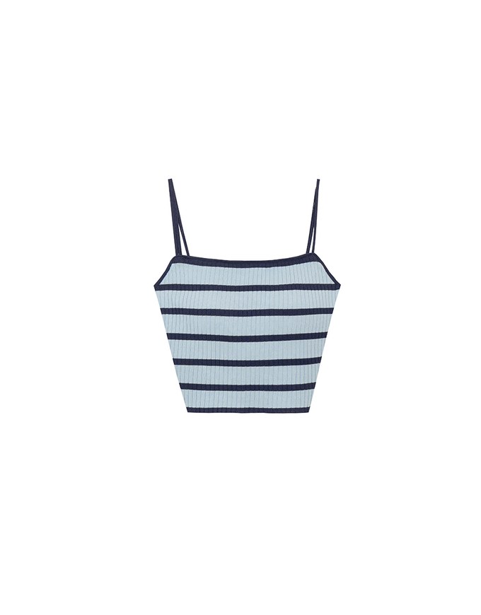 Striped Ribbed Knit Spaghetti Strap Halter Padded Crop Top