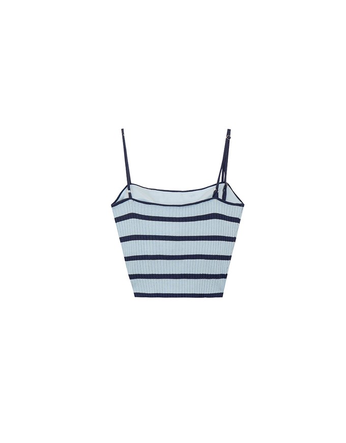 Striped Ribbed Knit Spaghetti Strap Halter Padded Crop Top