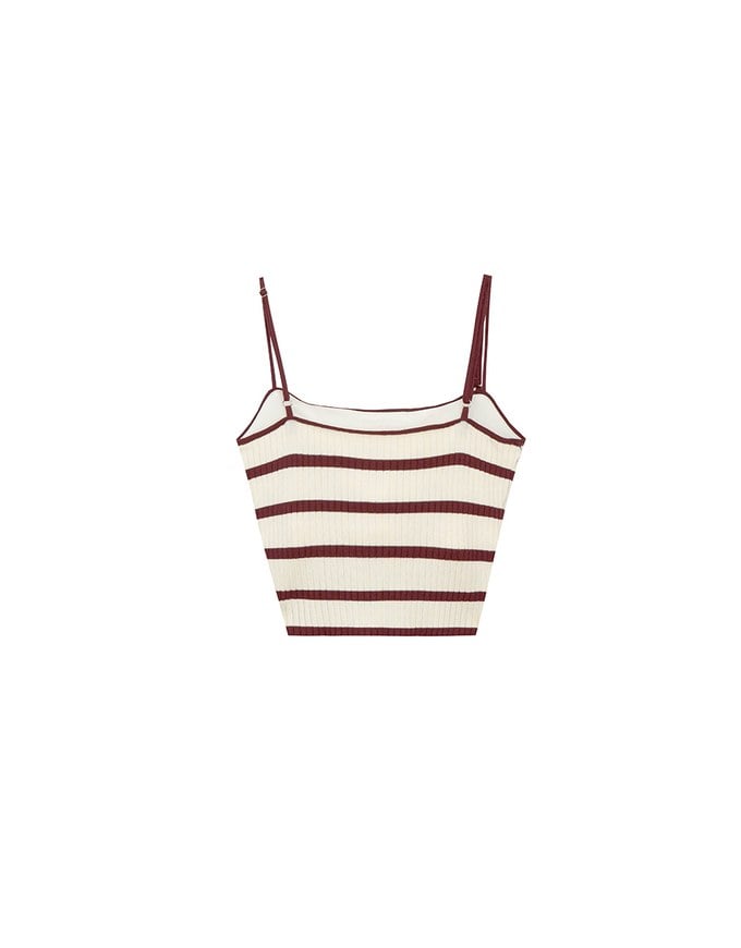 Striped Ribbed Knit Spaghetti Strap Halter Padded Crop Top