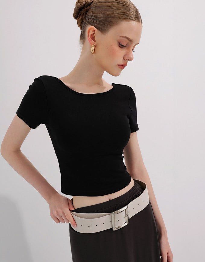 Basic Low Back Padded Crop Short Sleeve Top