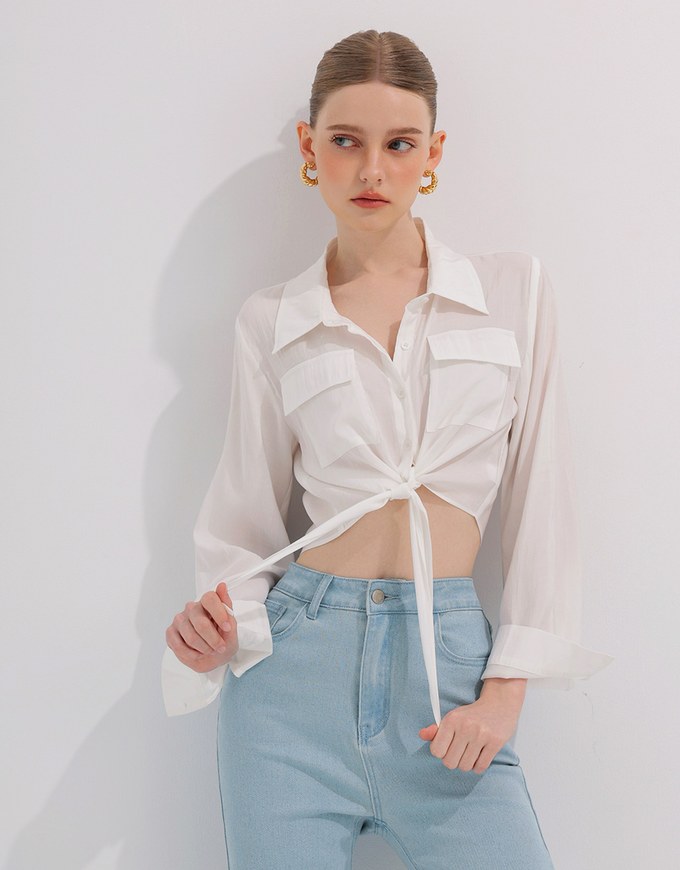 Tie Front Collared Shirt Blouse with Pockets