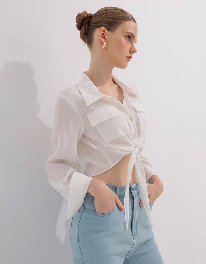 Tie Front Collared Shirt Blouse with Pockets