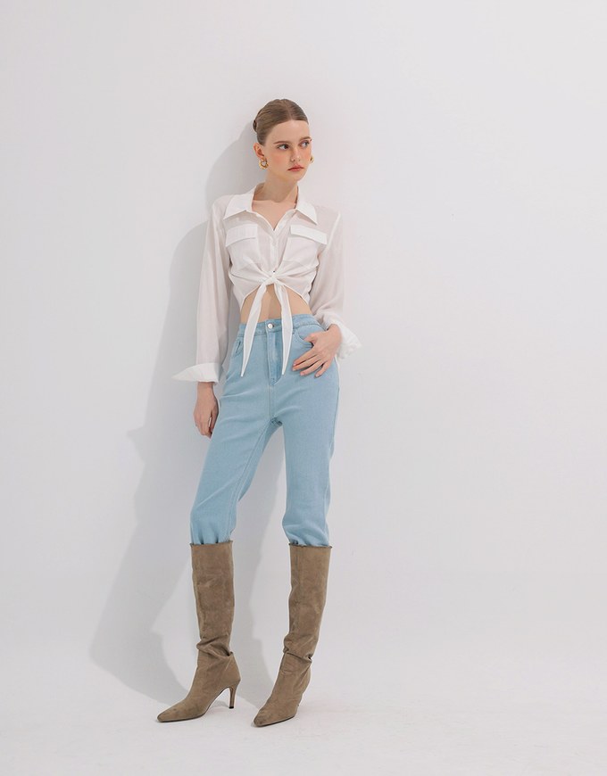 Tie Front Collared Shirt Blouse with Pockets