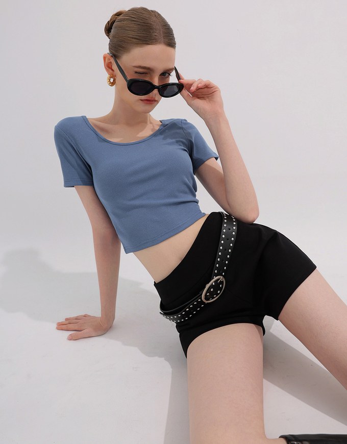 2 Way Neckline Ribbed Crop Tee