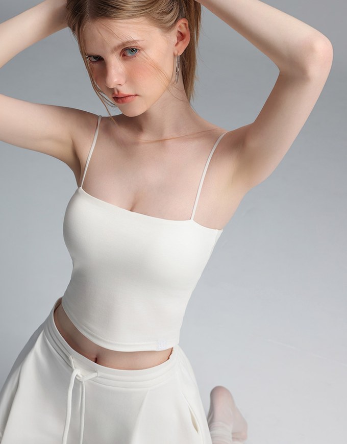 【Stain Resistant】Basic Spaghetti Strap Fitted Crop Cami Top