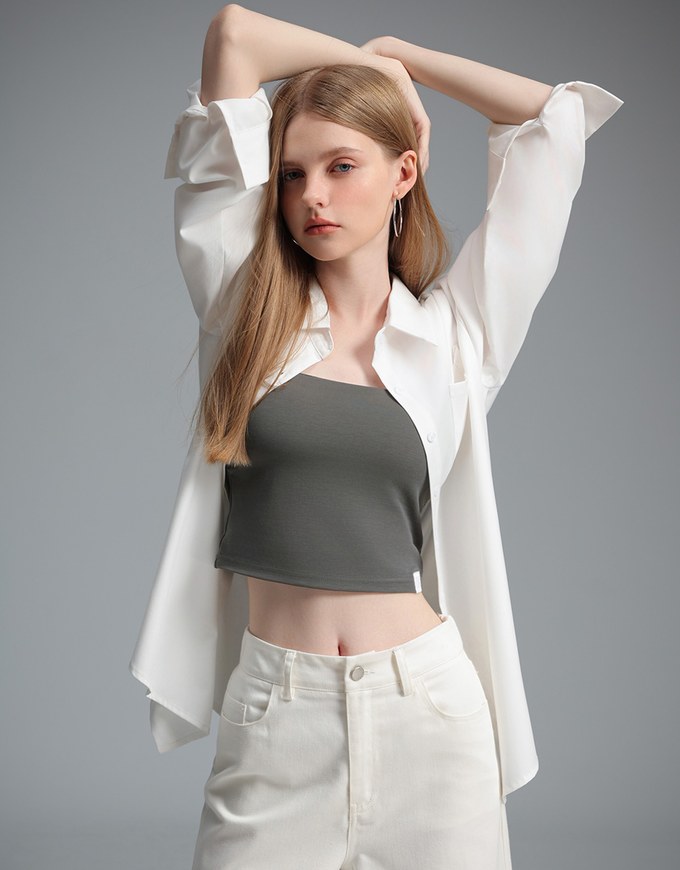 【Stain Resistant】Basic Spaghetti Strap Fitted Crop Cami Top