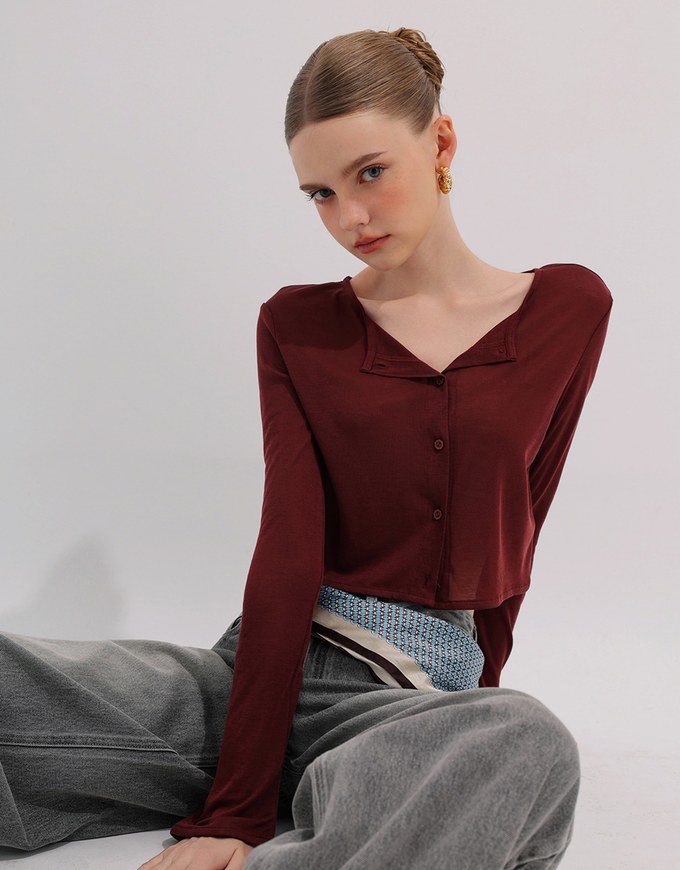 V Neck Fitted Crop Knit Cardigan Top