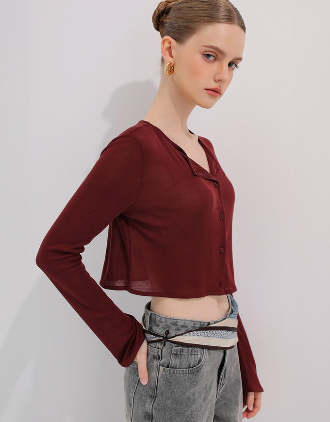 V Neck Fitted Crop Knit Cardigan Top