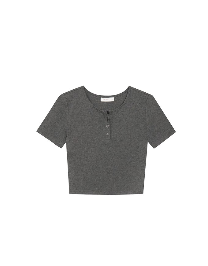 クルーネックボタンショートスリーブクロップドTシャツ