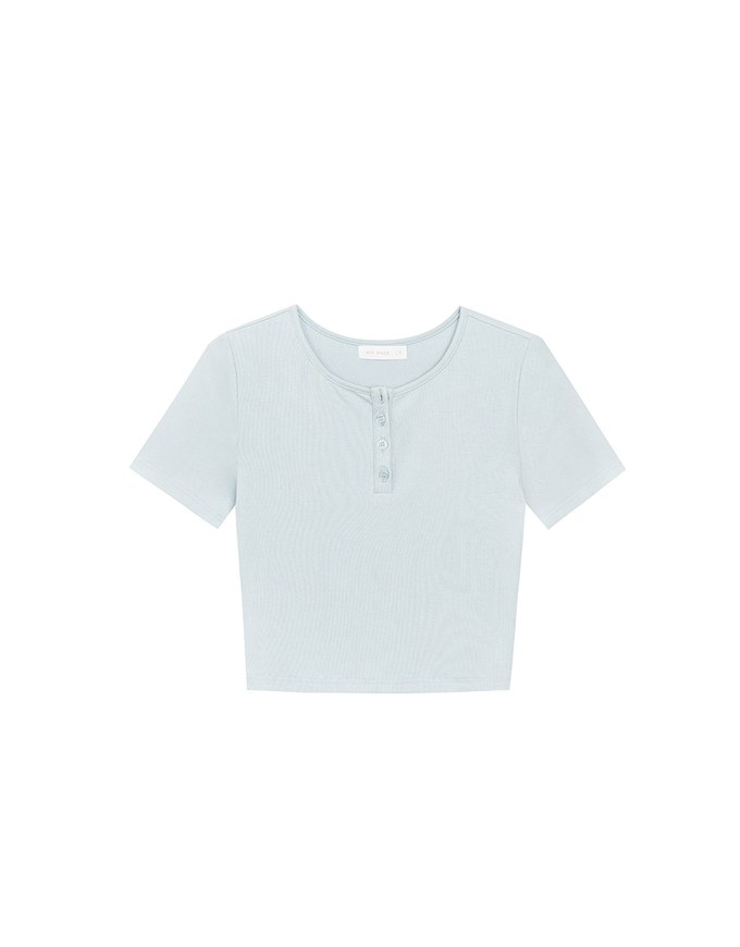クルーネックボタンショートスリーブクロップドTシャツ