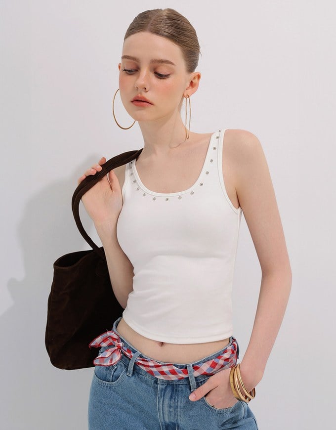 Metal Studded U Neck Ribbed Tank Top