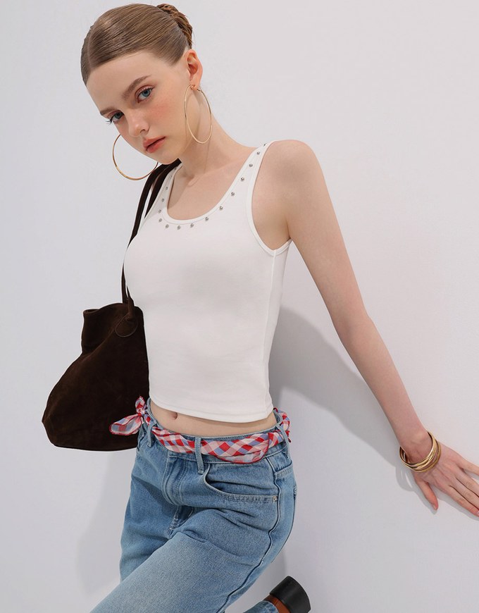 Metal Studded U Neck Ribbed Tank Top