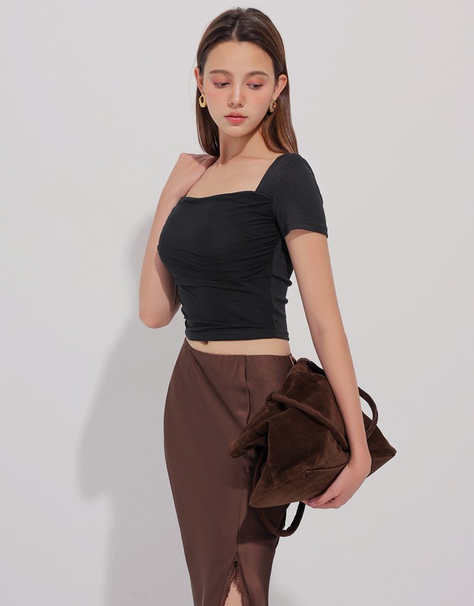 Mesh Panel Ruched Square Neck Ribbed Knit Crop Top