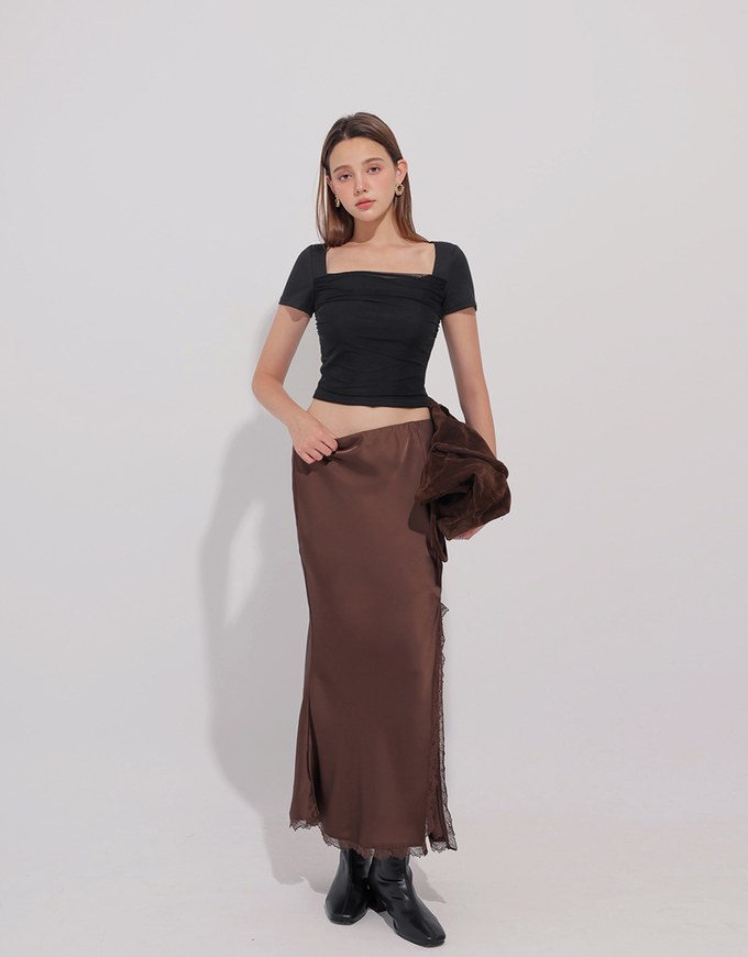 Mesh Panel Ruched Square Neck Ribbed Knit Crop Top
