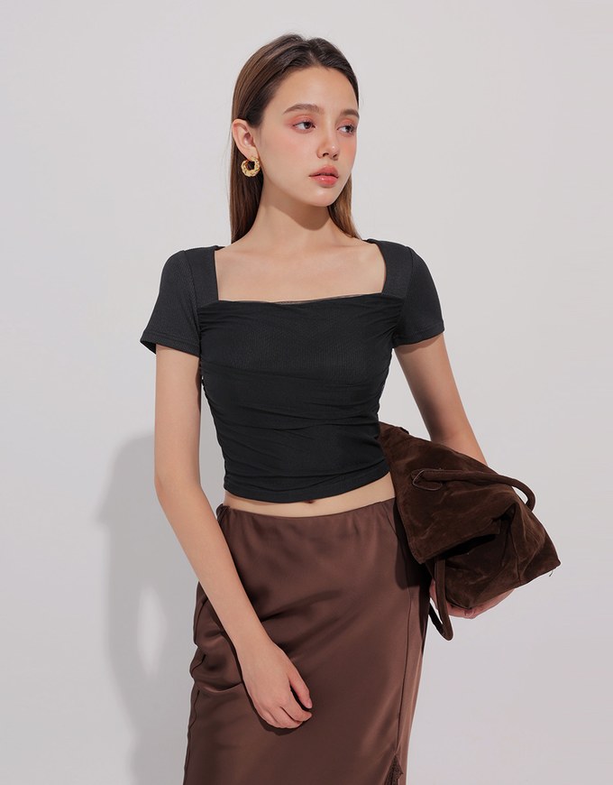 Mesh Panel Ruched Square Neck Ribbed Knit Crop Top