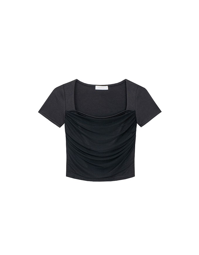 Mesh Panel Ruched Square Neck Ribbed Knit Crop Top