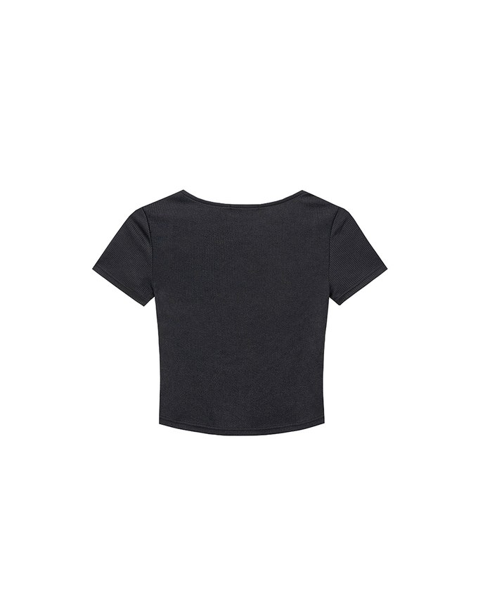 Mesh Panel Ruched Square Neck Ribbed Knit Crop Top