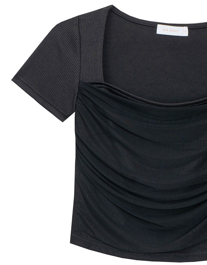 Mesh Panel Ruched Square Neck Ribbed Knit Crop Top