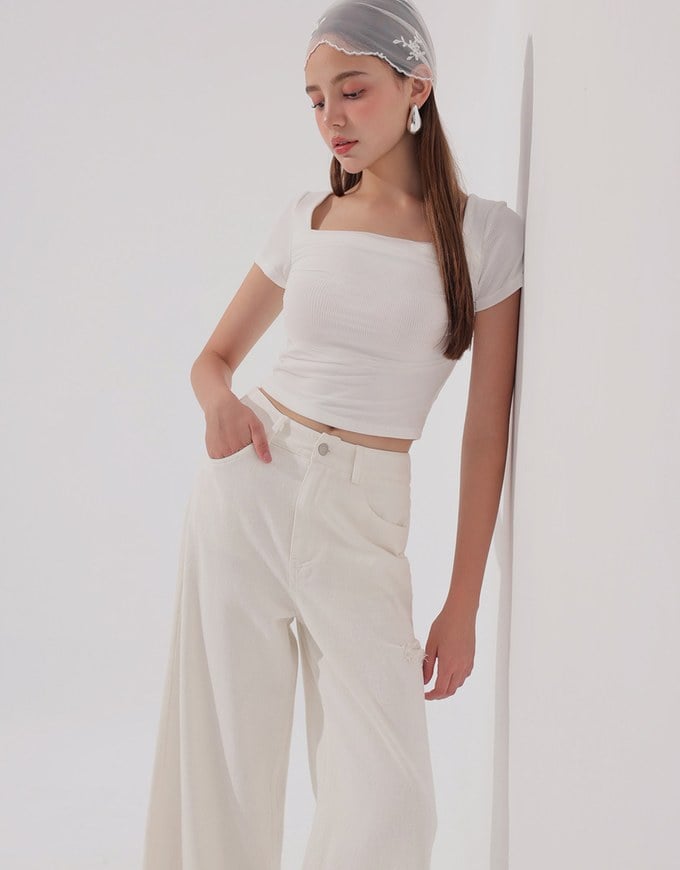 Mesh Panel Ruched Square Neck Ribbed Knit Crop Top