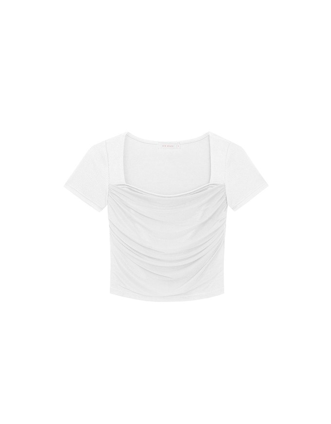 Mesh Panel Ruched Square Neck Ribbed Knit Crop Top