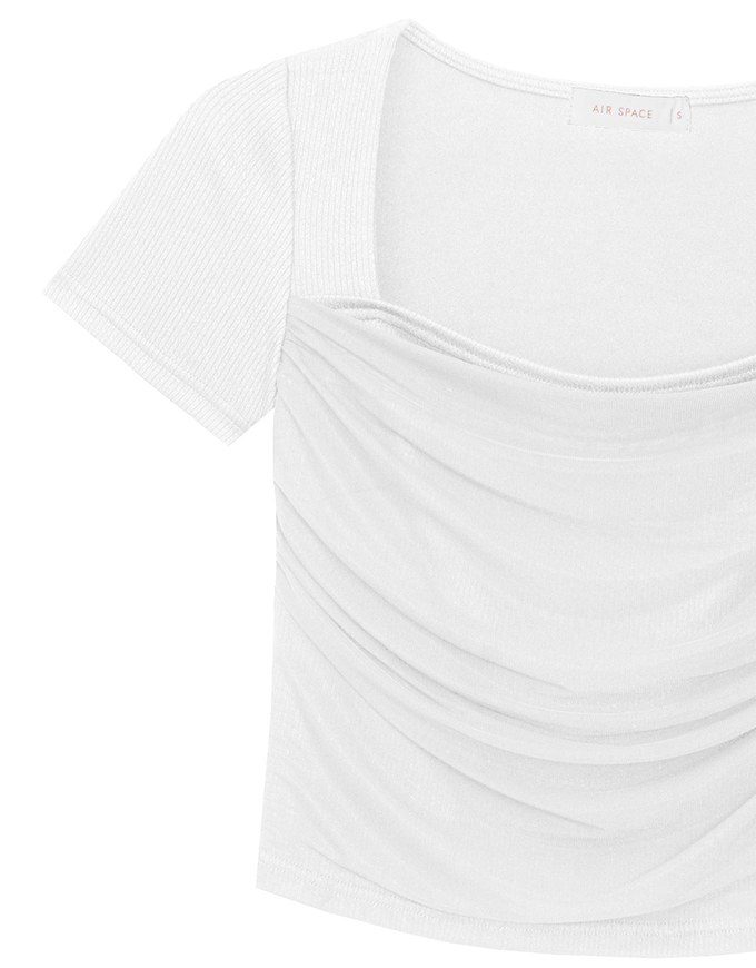 Mesh Panel Ruched Square Neck Ribbed Knit Crop Top