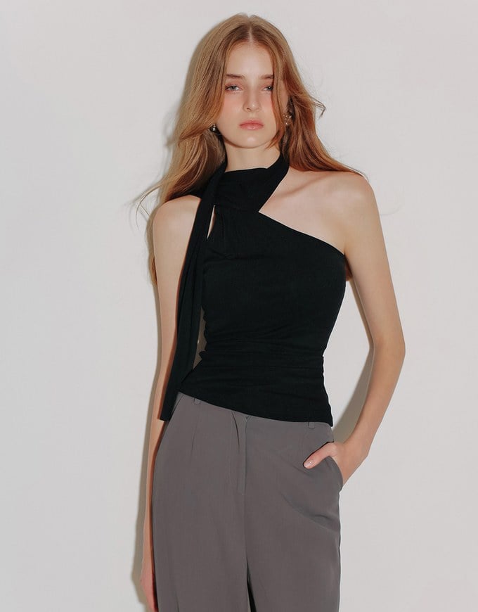 Asymmetrical One Shoulder  Padded Bra Top with Draped Scarf Detail
