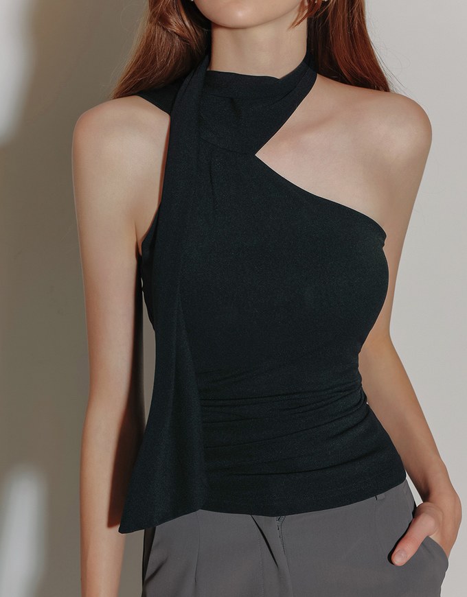 Asymmetrical One Shoulder  Padded Bra Top with Draped Scarf Detail