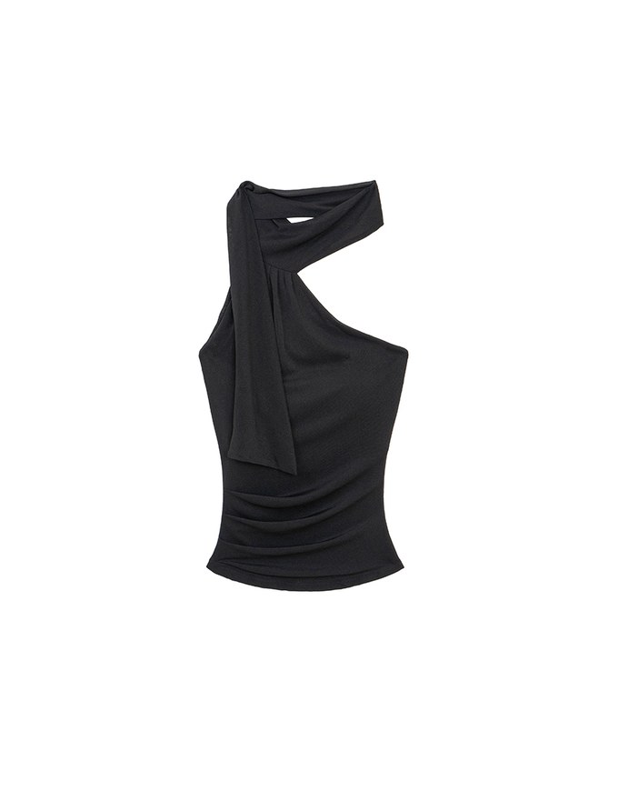 Asymmetrical One Shoulder  Padded Bra Top with Draped Scarf Detail