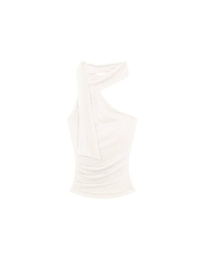 Asymmetrical One Shoulder Padded Bra Top with Draped Scarf Detail