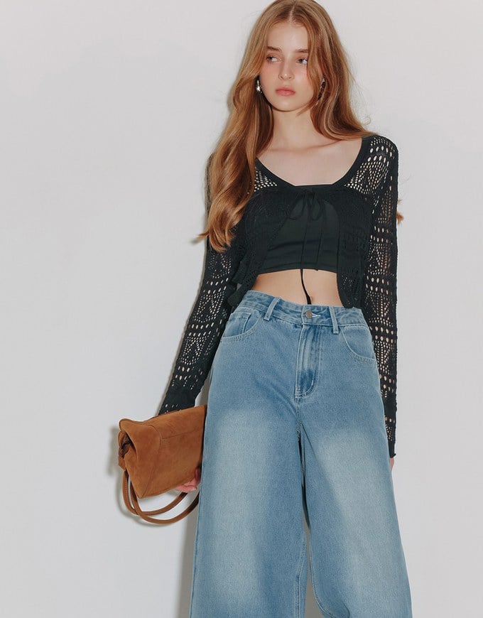 Crochet Open Knit Textured Long Sleeve Crop Cardigan