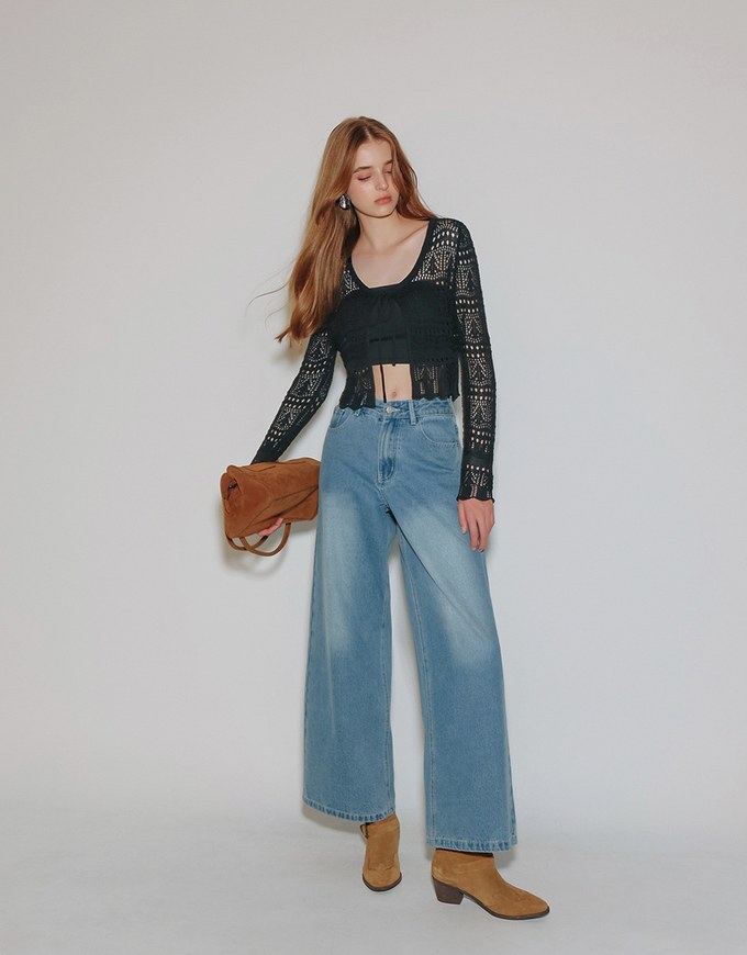 Crochet Open Knit Textured Long Sleeve Crop Cardigan