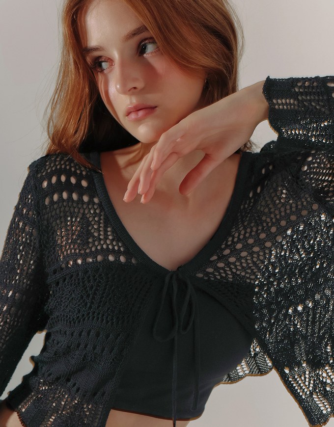Crochet Open Knit Textured Long Sleeve Crop Cardigan