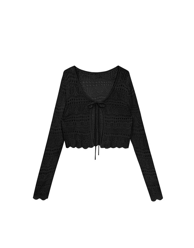 Crochet Open Knit Textured Long Sleeve Crop Cardigan