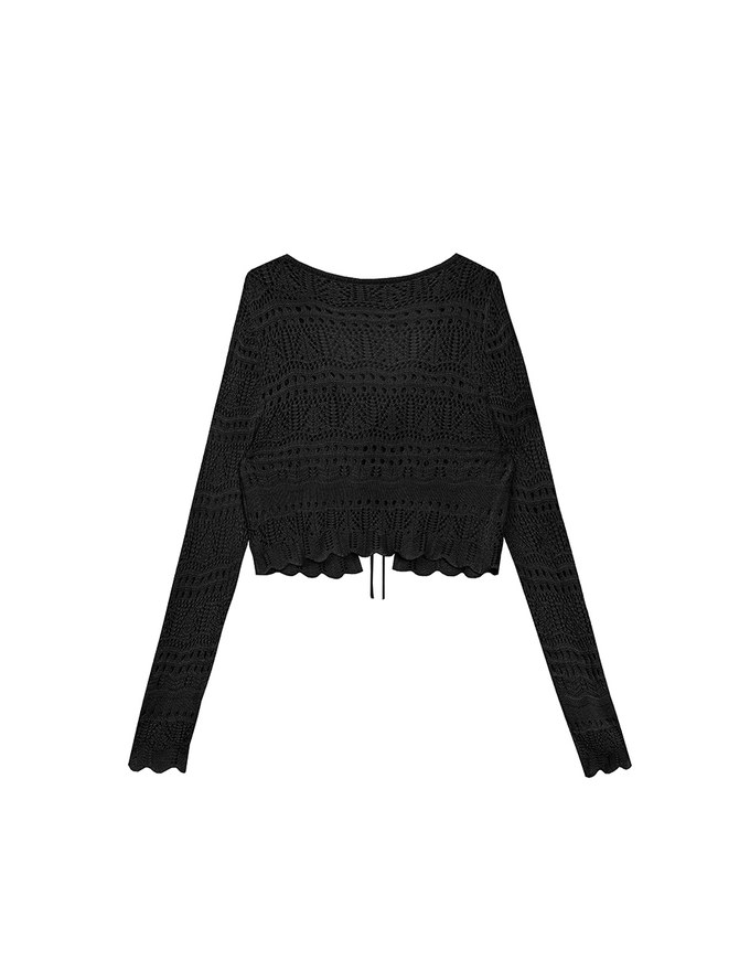 Crochet Open Knit Textured Long Sleeve Crop Cardigan